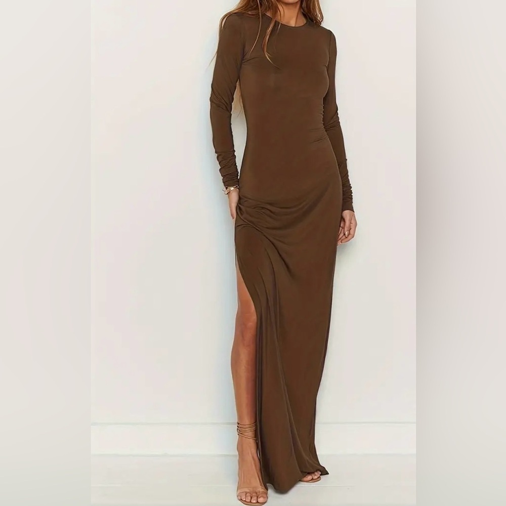 Brown Lace Up Back High Side Slit Maxi Dress - Picture 2 of 6